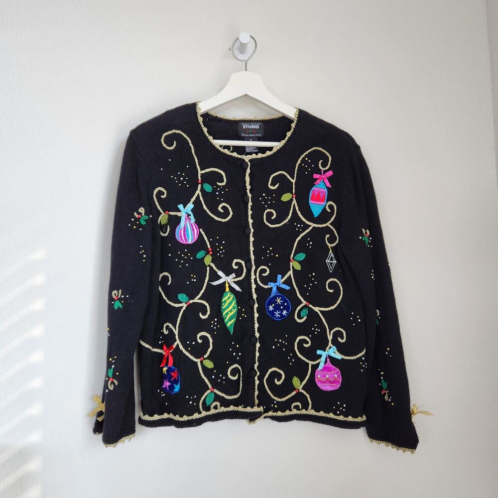 Vintage Studio Joy Black Holiday Christmas Knit Cardigan Sweater Ornaments S - Picture 10 of 10